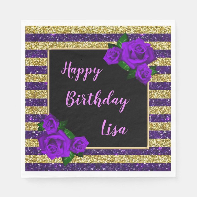 Gold Purple Glitter Stripes Purple Roses Birthday Napkins (Front)