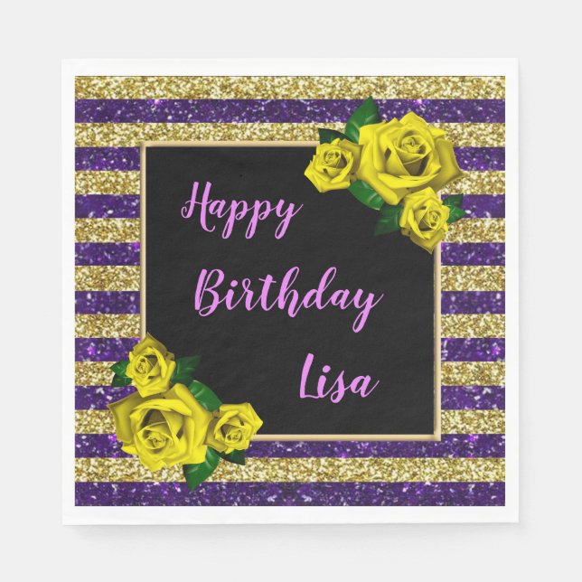 Gold Purple Glitter Stripes Yellow Roses Birthday Napkins (Front)