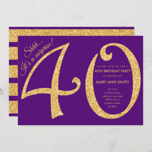 Gold Purple Glitter Surprise 40th Birthday Party Invitation