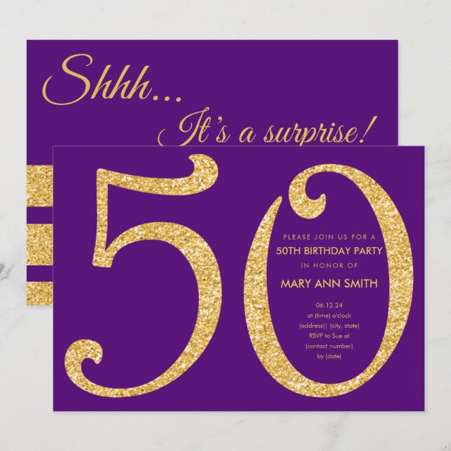 Gold Purple Glitter Surprise 50th Birthday Party Invitation (Front/Back)