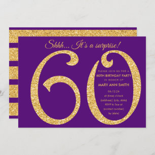 Gold Purple Glitter Surprise 60th Birthday Party Invitation
