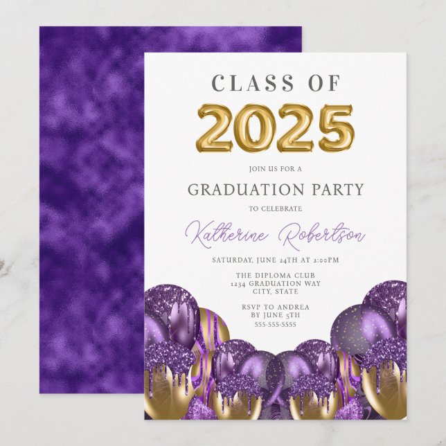 Gold Purple Graduation Party Invitation (Front/Back)