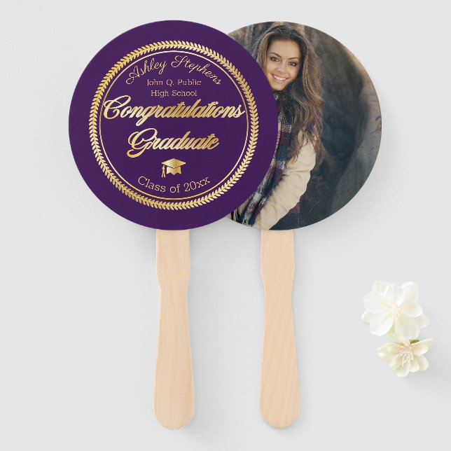 Gold Purple Graduation Photo Class of 2026 Hand Fan (Front and Back)