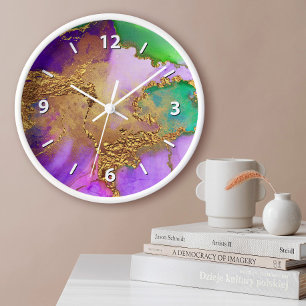 Gold purple green aqua chic glam agate watercolor large clock