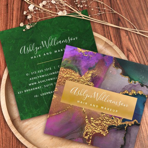 Gold purple green blue modern marble watercolor square business card