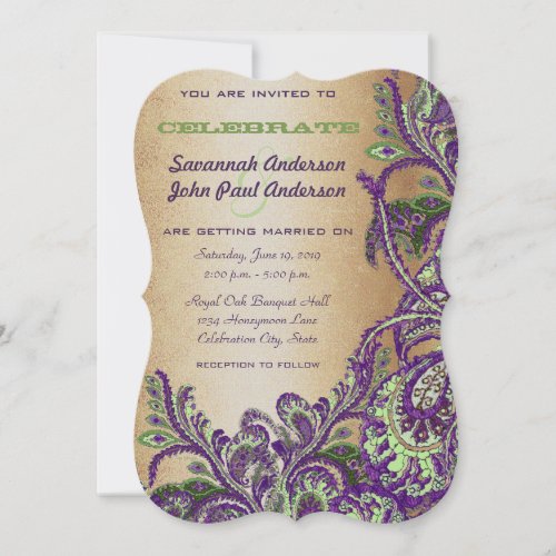 Gold Purple Green Vintage Peacock Paisley Wedding Invitation