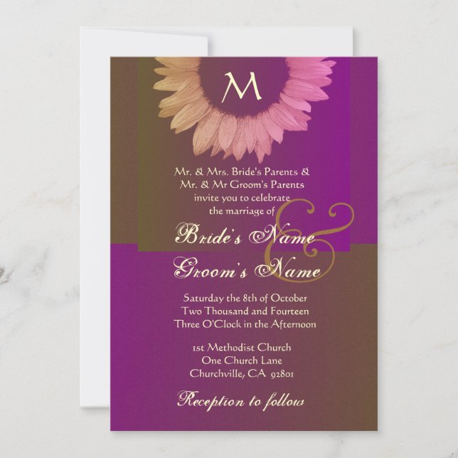 Gold Purple Khaki Colored Sunflower Wedding Invitation (Front)