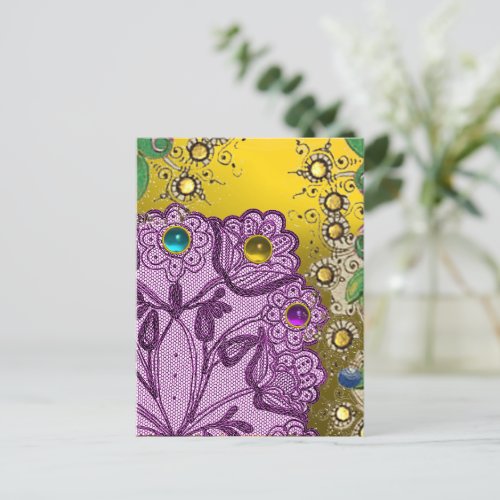 GOLD PURPLE LACE FLOWERS AND COLORFUL GEMSTONES POSTCARD