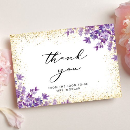 Gold Purple Lavender Bridal Shower Thank You Card