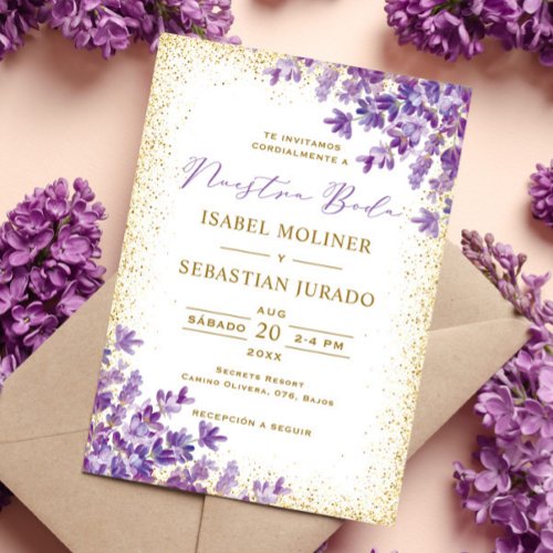 Gold Purple Lavender Nuestra Boda Spanish Wedding Invitation