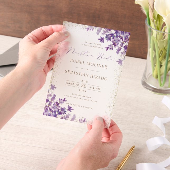Gold Purple Lavender Nuestra Boda Spanish Wedding Vellum Invitations (Handheld)