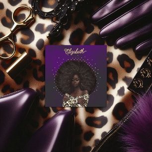 Gold & Purple Leopard African American Hair Salon Square Business Card