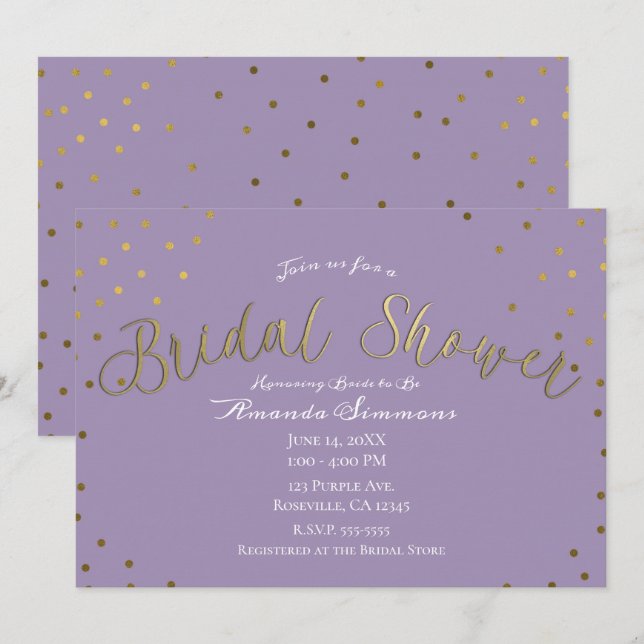 Gold & Purple Lilac Modern Glam Bridal Shower Invitation (Front/Back)