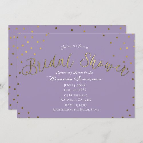 Gold  Purple Lilac Modern Glam Bridal Shower Invitation