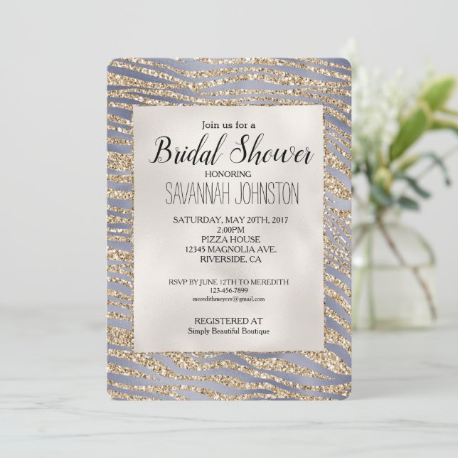 Gold Purple Luxe Glitter Zebra Bridal Shower Invitation (Standing Front)