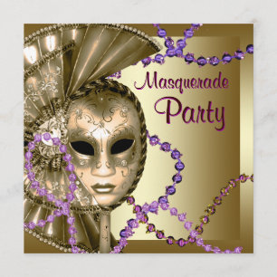 Gold Purple Mardi Gras Beads Masquerade Party Invitation
