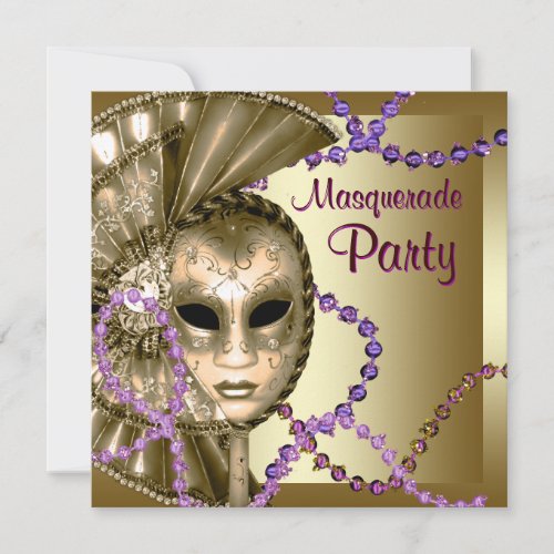 Gold Purple Mardi Gras Beads Masquerade Party Invitation