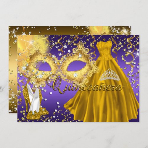 Gold Purple Mask Masquerade Quinceanera Invite