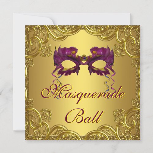 Gold Purple Mask Purple Masquerade Ball Party Personalized Announcements