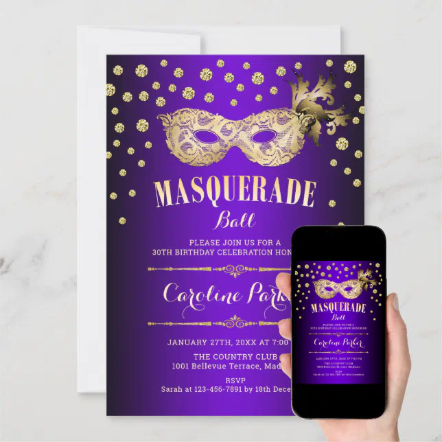 Gold Purple Masquerade Ball Birthday Party Invitation | Zazzle