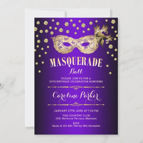 Gold Purple Masquerade Ball Birthday Party Invitation