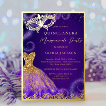Gold Purple Masquerade Party Dress Quinceanera Foi Foil Invitation by LittleBayleigh at Zazzle