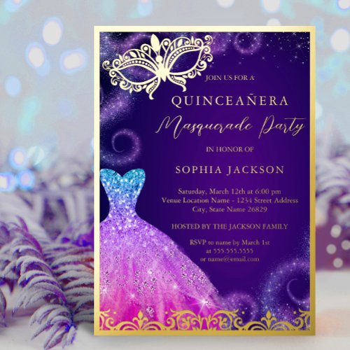 Gold Purple Masquerade Party Dress Quinceanera Foi Foil Invitation