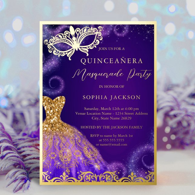 Gold Purple Masquerade Party Dress Quinceanera Foi Foil Invitation (Creator Uploaded)