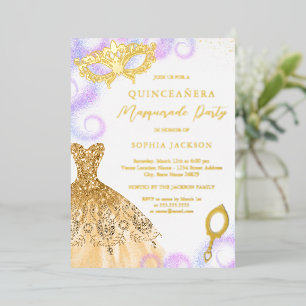 Gold Purple Masquerade Party Dress Quinceanera Foil Invitation