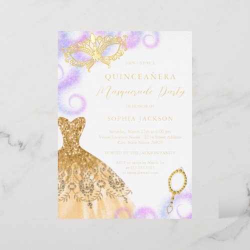 Gold Purple Masquerade Party Dress Quinceanera    Foil Invitation