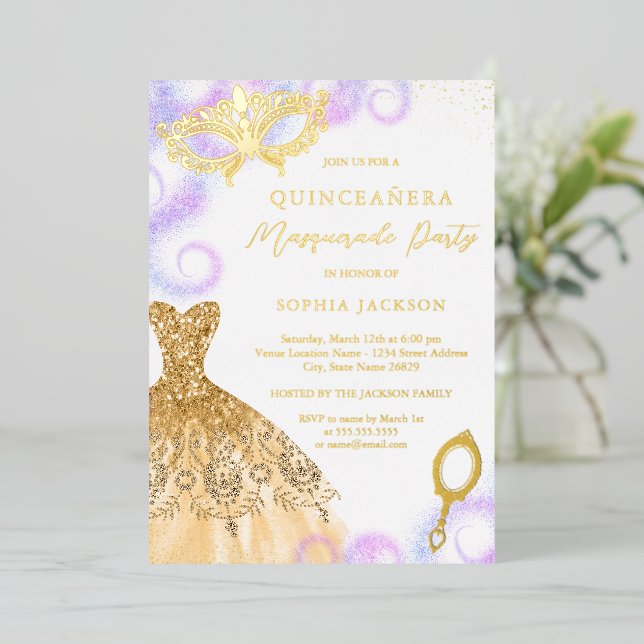 Gold Purple Masquerade Party Dress Quinceanera    Foil Invitation (Standing Front)