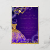 Gold Purple Masquerade Party Dress Quinceanera Foil Invitation (Standing Front)