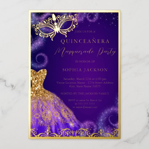 Gold Purple Masquerade Party Dress Quinceanera Foil Invitation