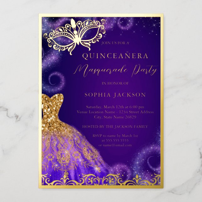 Gold Purple Masquerade Party Dress Quinceanera Foil Invitation (Front)