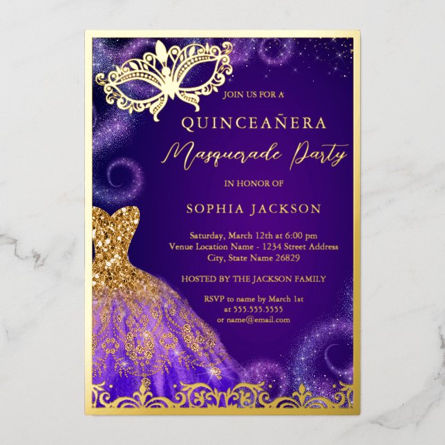 Gold Purple Masquerade Party Dress Quinceanera Foil Invitation (Front)