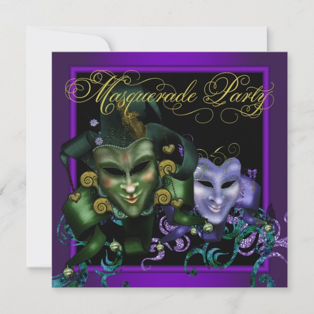 Gold Purple Masquerade Party Invitations (Front)