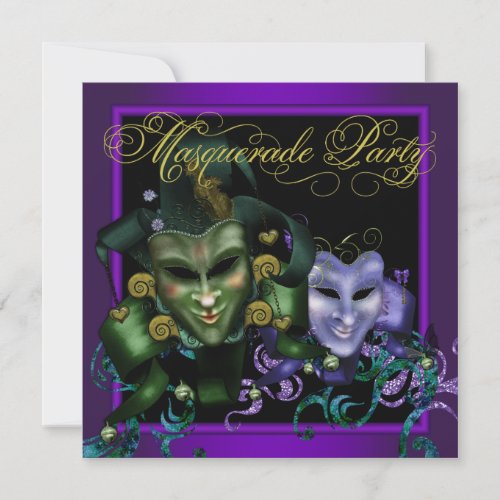 Gold Purple Masquerade Party Invitations