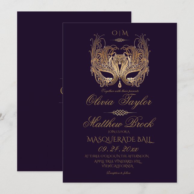 Gold Purple Masquerade Wedding  Invitation (Front/Back)