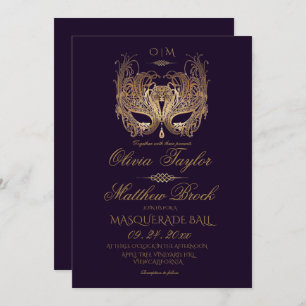 Gold Purple Masquerade Wedding Invitation