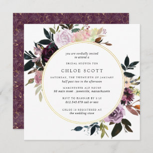 Gold Purple Mauve Pink Floral Bridal Shower Invitation