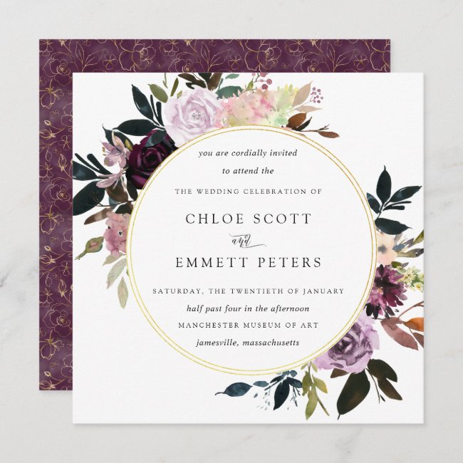 Gold Purple Mauve Pink Floral Wedding Invitation