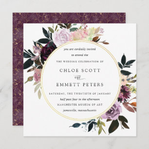 Gold Purple Mauve Pink Floral Wedding Invitation