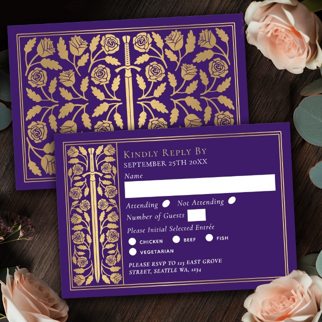 Gold Purple Medieval Sword Wedding RSVP Card (Creator Uploaded)