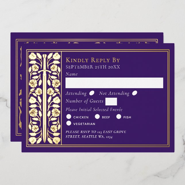 Gold Purple Medieval Sword Wedding RSVP Foil Invitation (Front/Back)