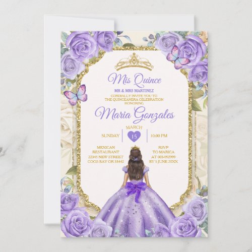 Gold Purple Mis Quince Lavender 15 Anos Crown Invitation