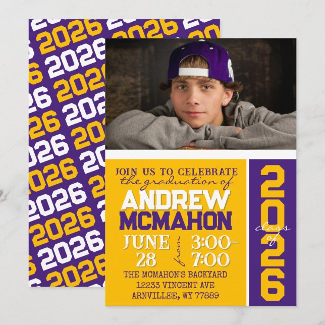 Gold & Purple Modern Graduation Photo Invitation (Front/Back)