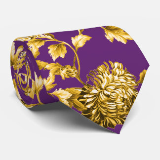 Gold Purple Modern Vintage Botanical Floral Toile Neck Tie