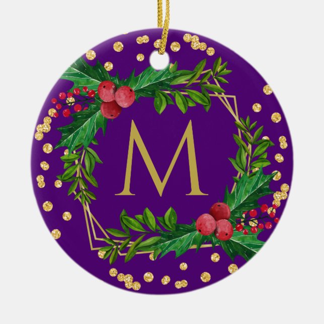 Gold Purple Monogram Merry Christmas Holly Glitter Ceramic Ornament (Front)