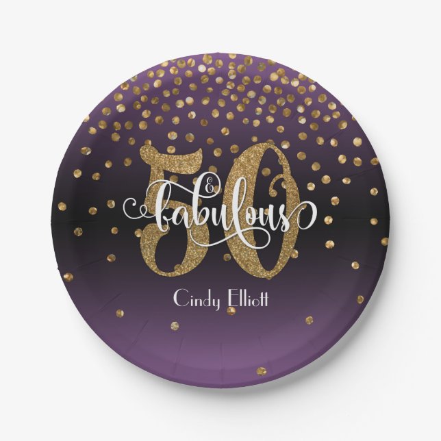 Gold Purple Ombre 50 & Fabulous Birthday Paper Plates (Front)