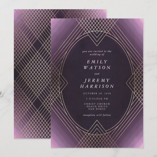 Gold Purple Oval Geometric Art Deco Gatsby Wedding Invitation (Front/Back)